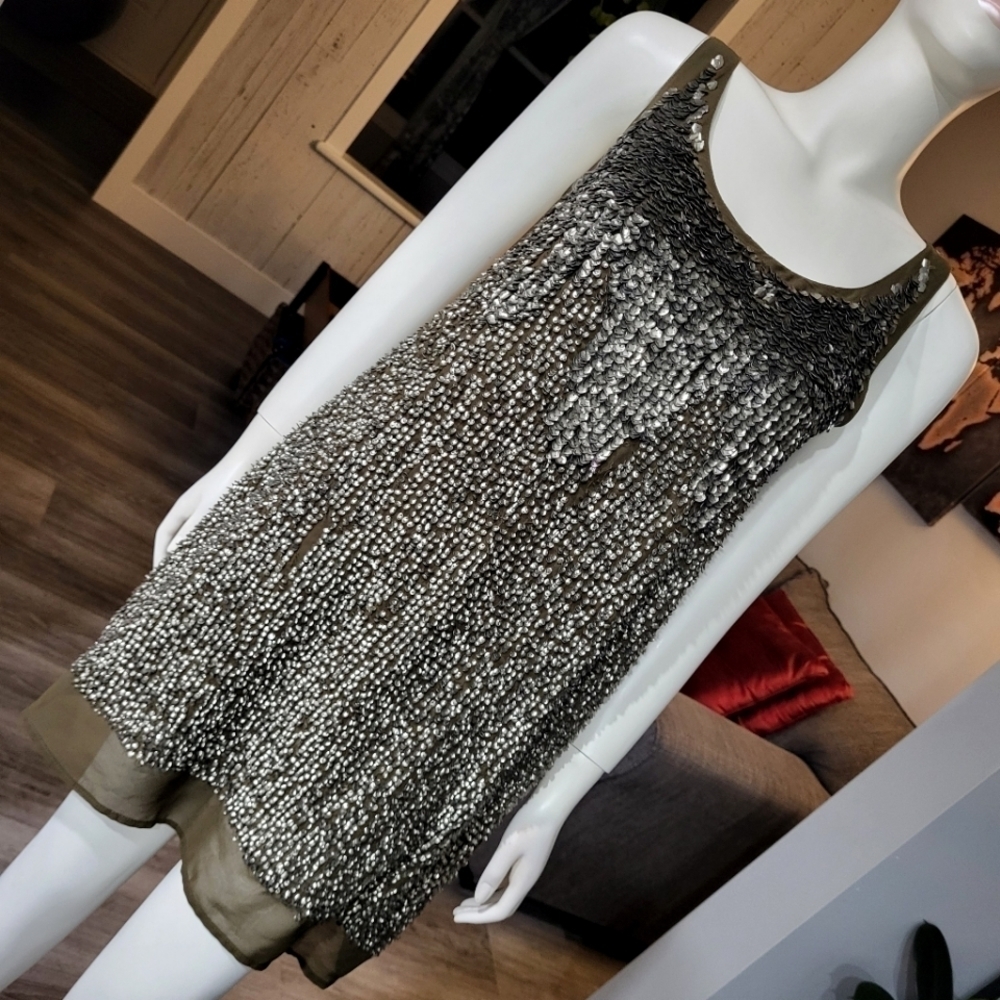 ZARA BASIC collection - Olive Green Antique Silver Sequin Tunic Mini Shift Dress